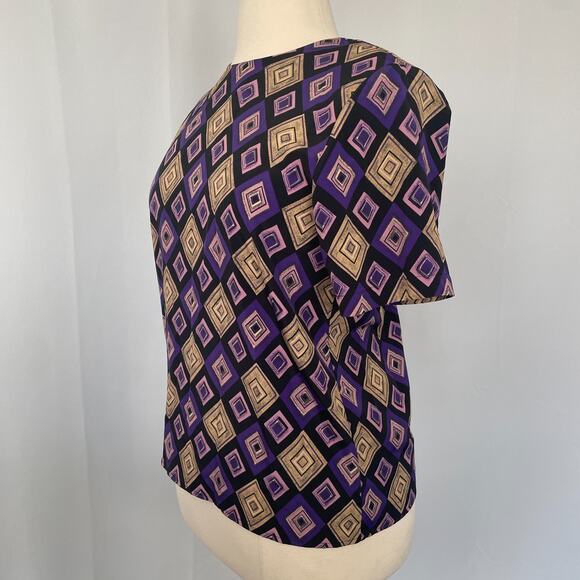 Blouse Top Size Large Purple Tan Geo Diamond Print Short Sleeve Shell Casual Vtg - Picture 5 of 10